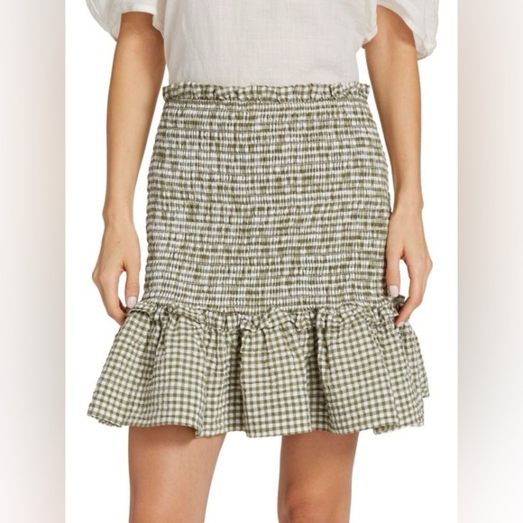 New! Veronica Beard Aloya Gingham Smocked Olive Ruffle Mini Skirt 🌻Large NWT - Picture 6 of 15